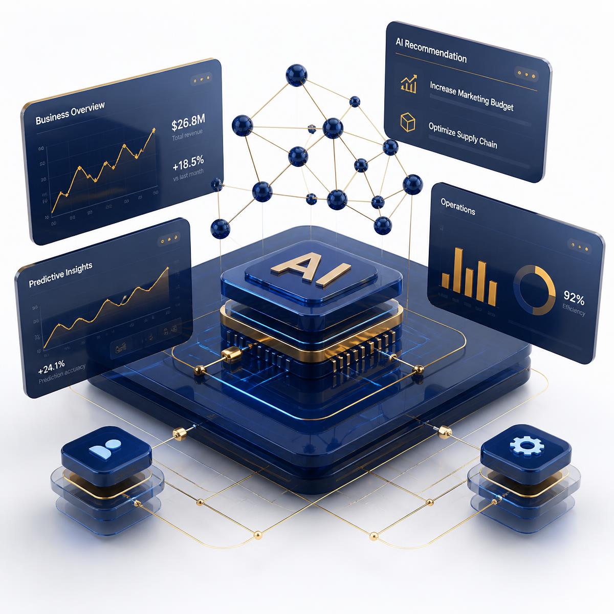 Ilustración de paneles de analítica e inteligencia artificial aplicada a la gestión empresarial